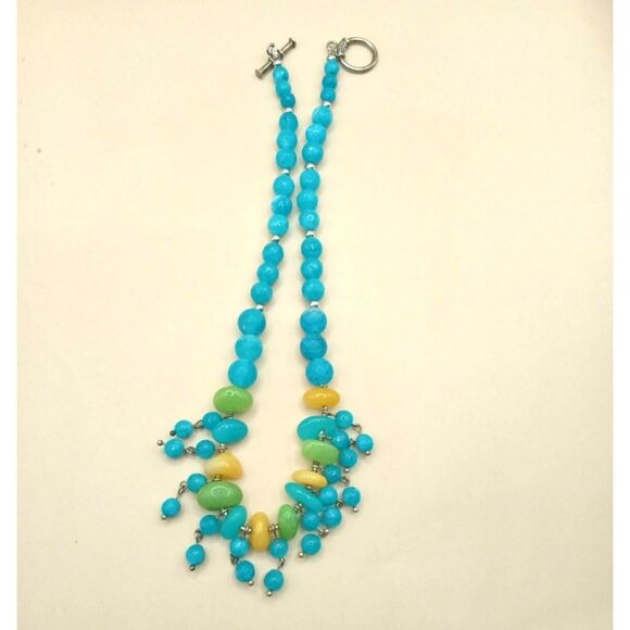 Natural Dandelion Yellow/Green Aventurine w Blue Crackle Quartz Beads Necklace - Picture 2 of 12